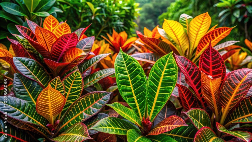Obraz premium Vibrant Croton Plants Displaying Colorful Leaves in a Lush Green Garden Setting Under Natural Light