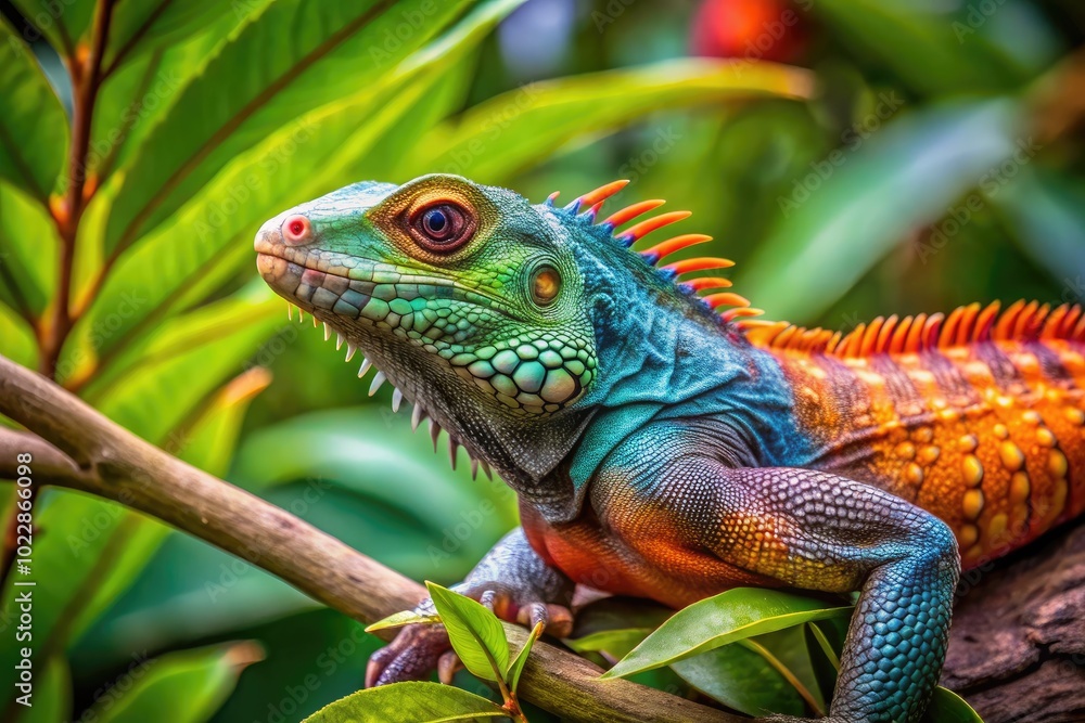 Vibrant Cuban Lizard Resting on a Branch Surrounded by Lush Tropical Foliage in Natural Habitat Vibrant Cuban Lizard Resting on a Branch Surrounded by Lush Tropical Foliage in Natural Habitat