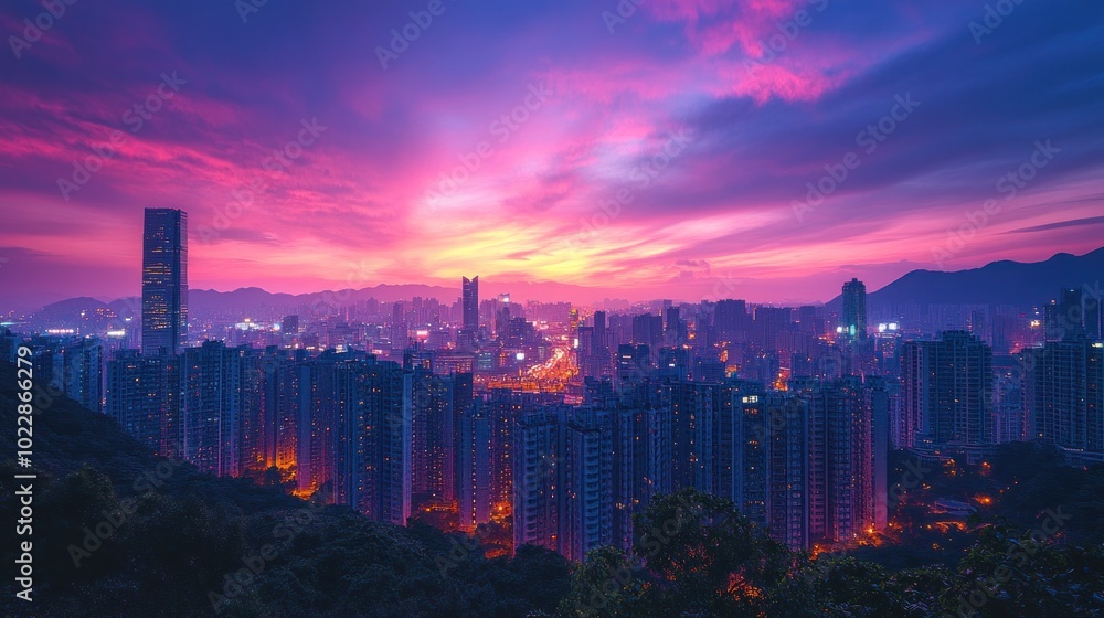 Fototapeta premium Cityscape with Purple Sunset