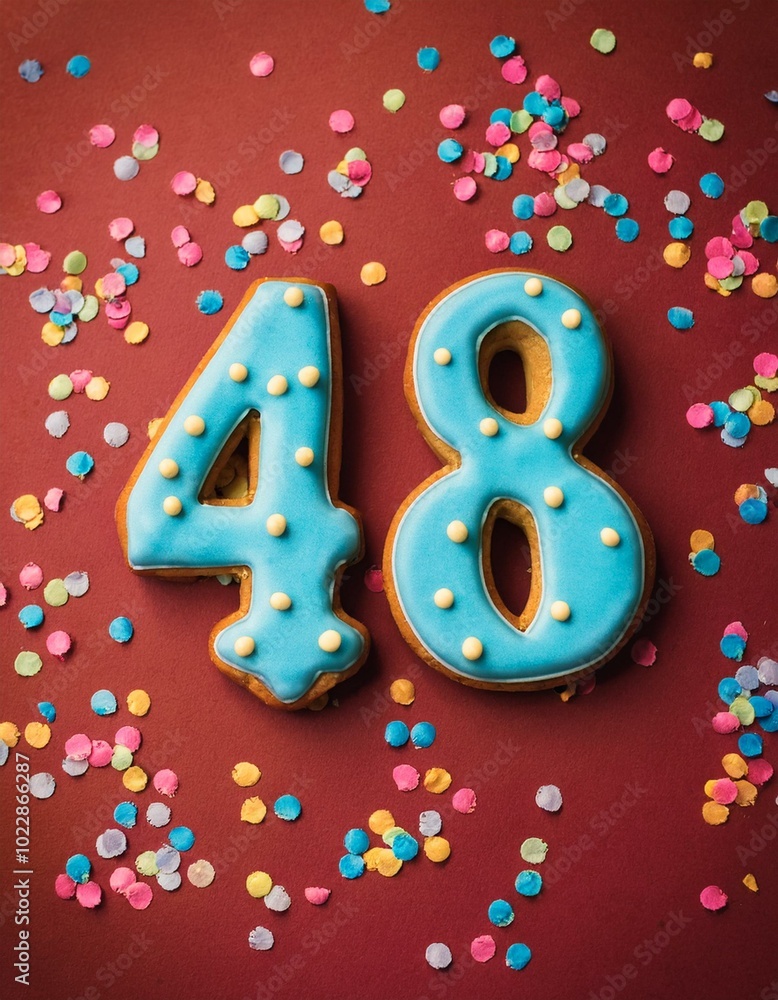 Decorated cookie, number 48, image for birthday or anniversary celebration