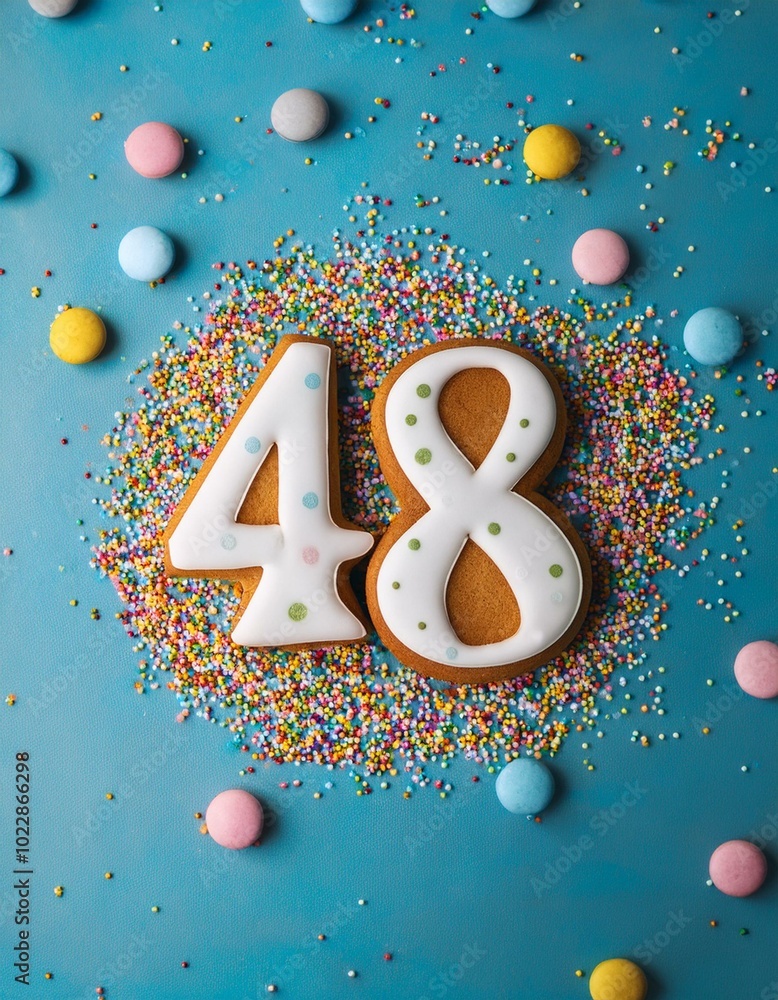 Decorated cookie, number 48, image for birthday or anniversary celebration Decorated cookie, number 48, image for birthday or anniversary celebration