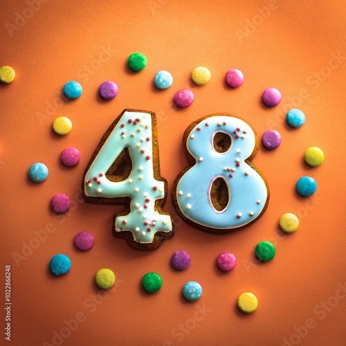 Decorated cookie, number 48, image for birthday or anniversary celebration