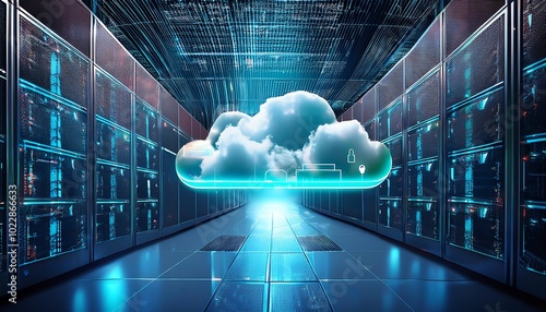 A futuristic server room with illuminated hardware and a digital cloud hovering above, representing cloud computing and data storage technology.