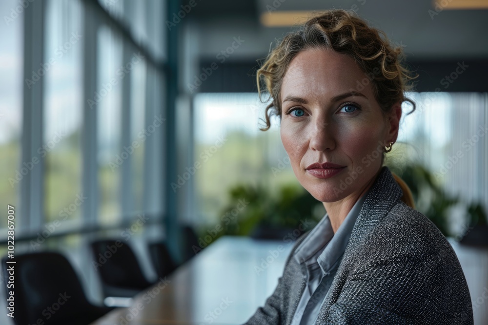 Obraz premium Determined professional woman in a modern office with a reflective look.