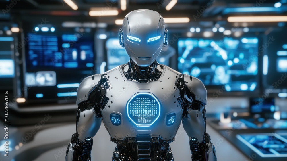 A futuristic humanoid robot with glowing features in a high-tech environment. A futuristic humanoid robot with glowing features in a high-tech environment.