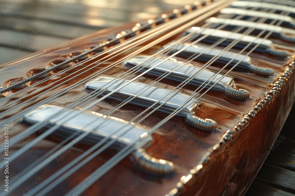 Fototapeta premium A guitar with a brown finish and silver strings