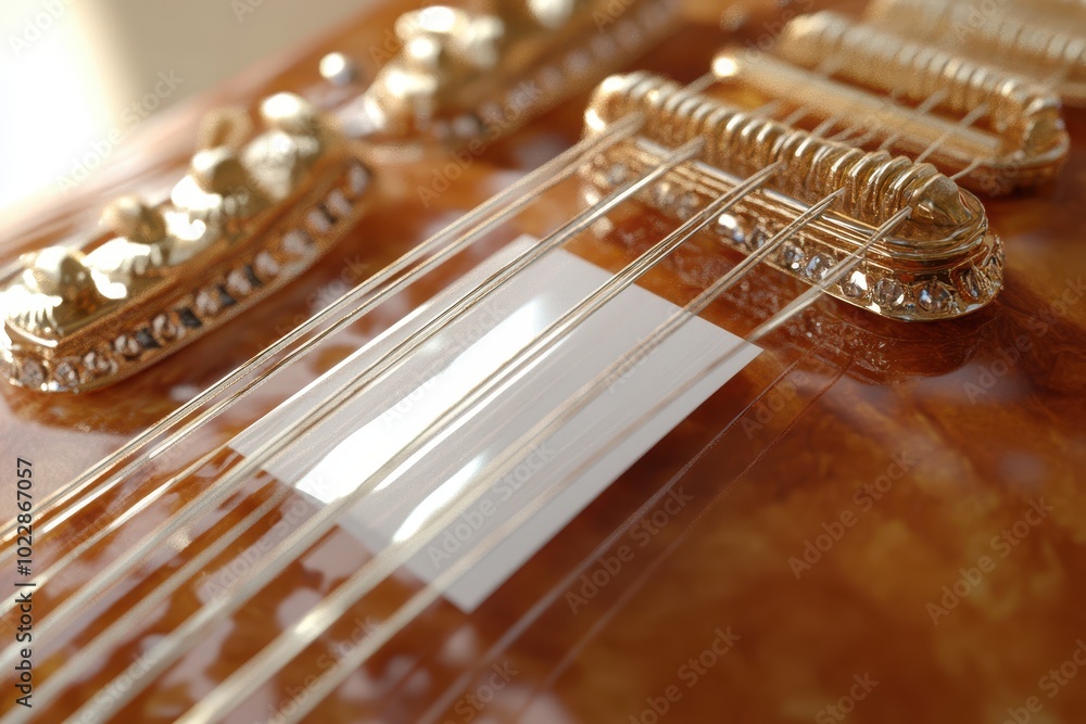 A guitar with a gold colored headstock and a white strip on the neck A guitar with a gold colored headstock and a white strip on the neck
