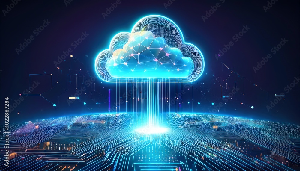 A futuristic cloud with digital connections, representing advanced technology and data streaming in a virtual environment. A futuristic cloud with digital connections, representing advanced technology and data streaming in a virtual environment.