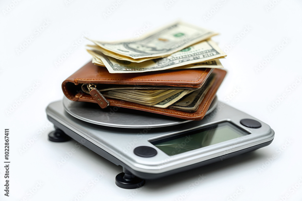 A wallet full of cash on an electronic weighing scale, isolated on white background. Concept of net worth, measuring financial wealth, value of money, inflation, buying power, thrifty spending. A wallet full of cash on an electronic weighing scale, isolated on white background. Concept of net worth, measuring financial wealth, value of money, inflation, buying power, thrifty spending.