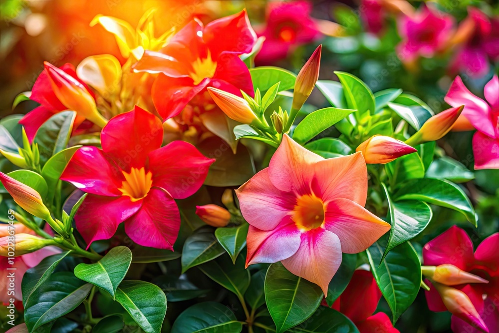 Fototapeta premium Vibrant Dipladenia Blooms in Full Sunlight Showcasing Colorful Petals and Lush Green Foliage