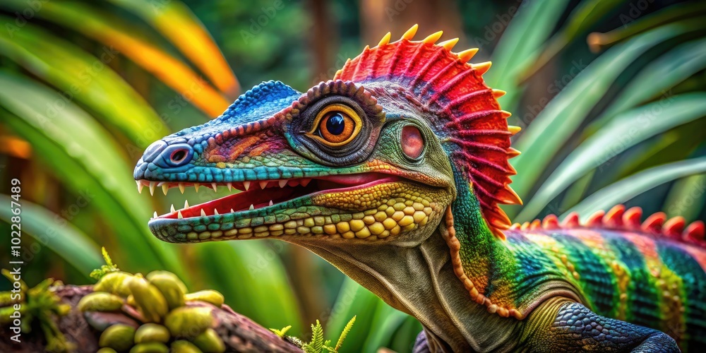 Obraz premium Vibrant Dilophosaurus Lizard with Distinctive Frills and Bright Colors in a Natural Habitat Setting