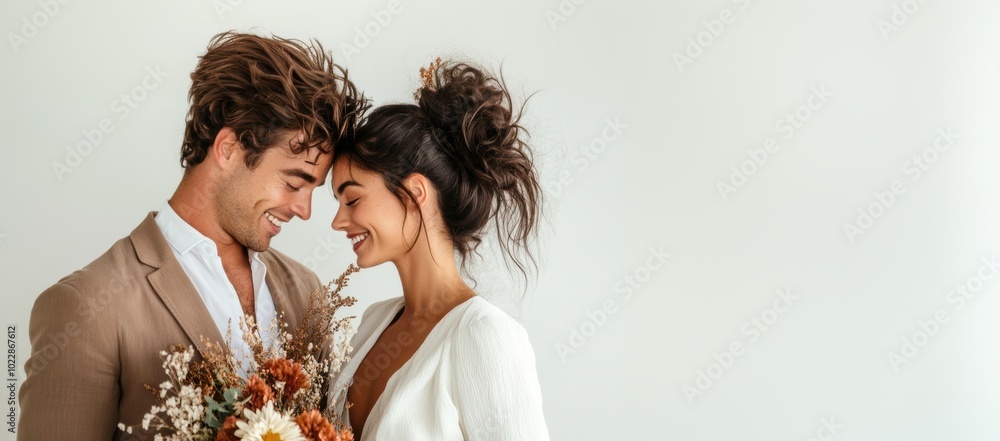 Couple Smiling Tenderly with Floral Bouquet Couple Smiling Tenderly with Floral Bouquet