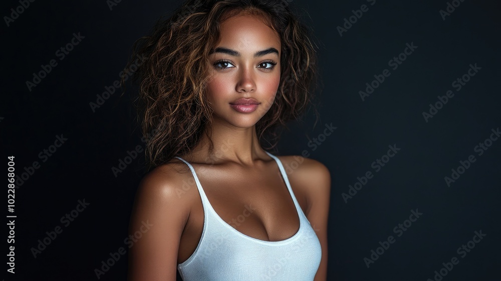 Beautiful woman in white T-shirt Female breast dark background Beautiful woman in white T-shirt Female breast dark background