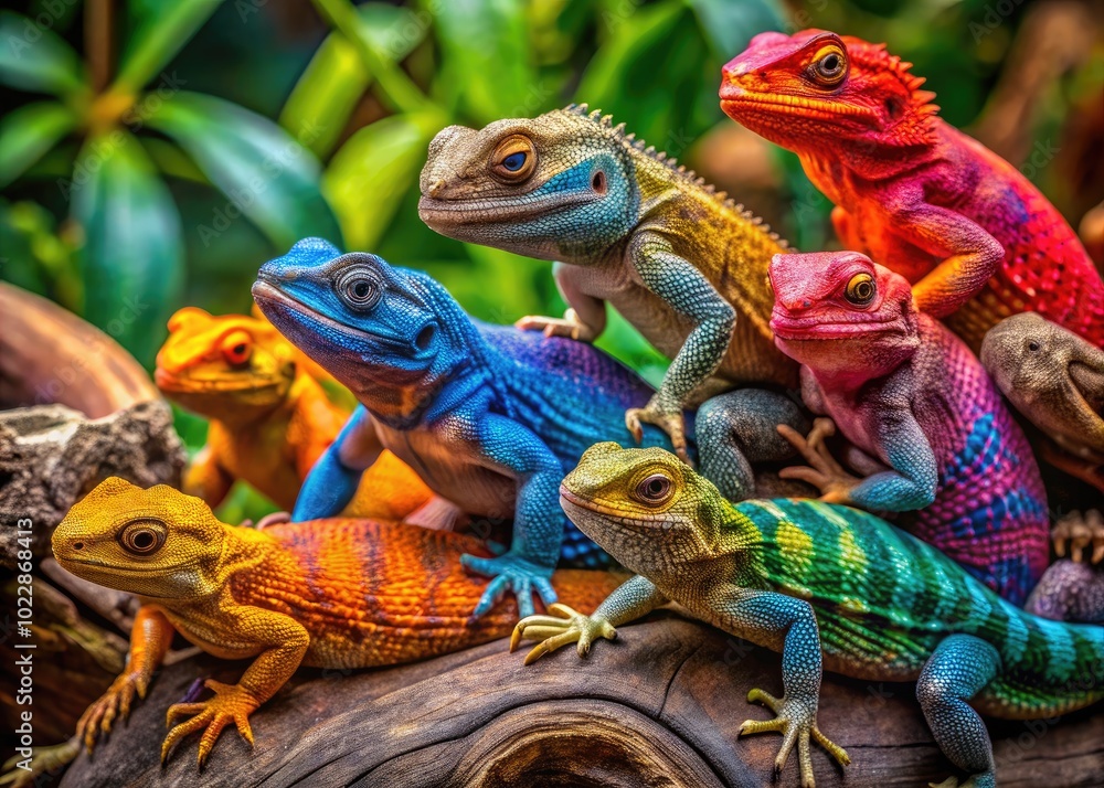 Obraz premium Vibrant Exotic Lizards Displaying Unique Colors and Patterns in Their Natural Tropical Habitat