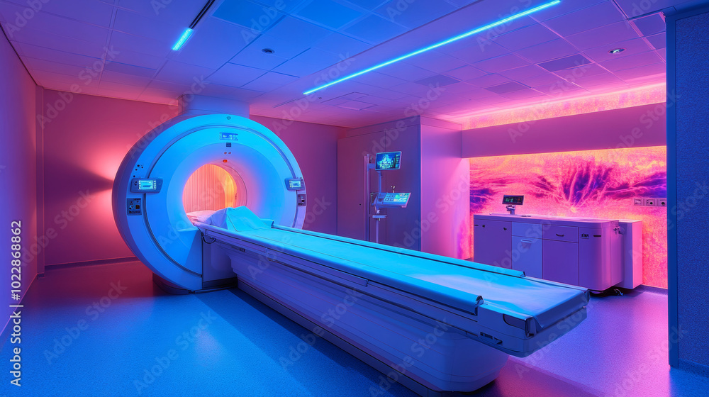A captivating illustration of an MRI scanner room in a hospital, designed with artistic lighting and a blue filter for a soothing ambiance. A captivating illustration of an MRI scanner room in a hospital, designed with artistic lighting and a blue filter for a soothing ambiance.