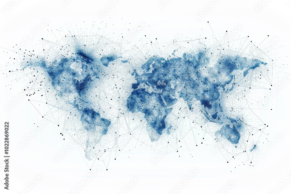This artwork showcases a world map rendered in blue watercolor, featuring intricate network connections that symbolize global data and relationships among countries. This artwork showcases a world map rendered in blue watercolor, featuring intricate network connections that symbolize global data and relationships among countries.