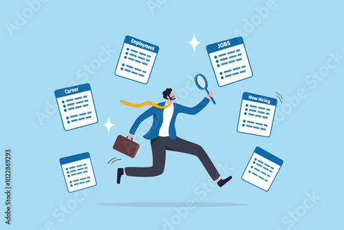 Job seeker, searching for new job, finding new work opportunity, discover vacancy, employment or human resource recruitment, hiring interview concept, businessman with magnifying glass finding job.