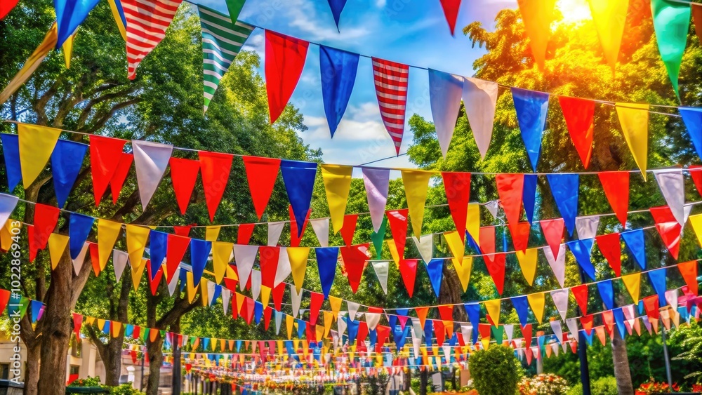Vibrant Flag Day Celebration with Colorful Banners and Decorations in a Bright Outdoor Setting Vibrant Flag Day Celebration with Colorful Banners and Decorations in a Bright Outdoor Setting