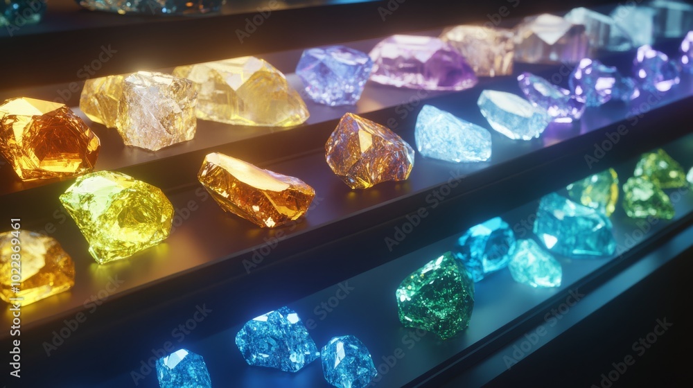 A vibrant display of colorful crystals glows beautifully in various hues, showcasing their unique shapes and facets. A vibrant display of colorful crystals glows beautifully in various hues, showcasing their unique shapes and facets.