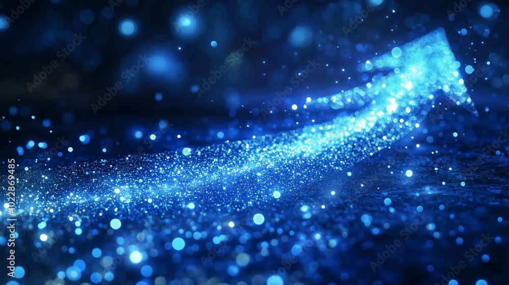 A curved arrow made of lights on a dark blue background. A curved arrow made of lights on a dark blue background.