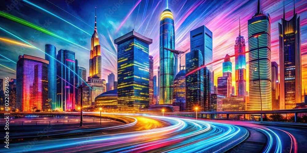 Obraz premium Vibrant Flash Sketch of a Modern Cityscape with Abstract Shapes and Dynamic Lines in Motion