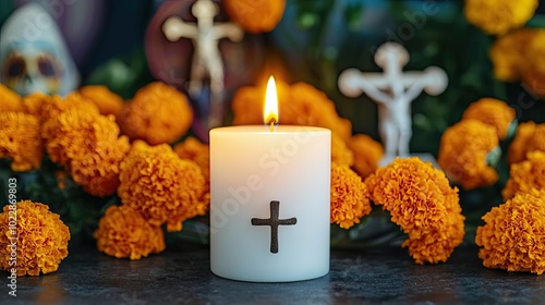 A lit candle with a cross surrounded by vibrant marigolds, creating a serene and reflective atmosphere for remembrance.