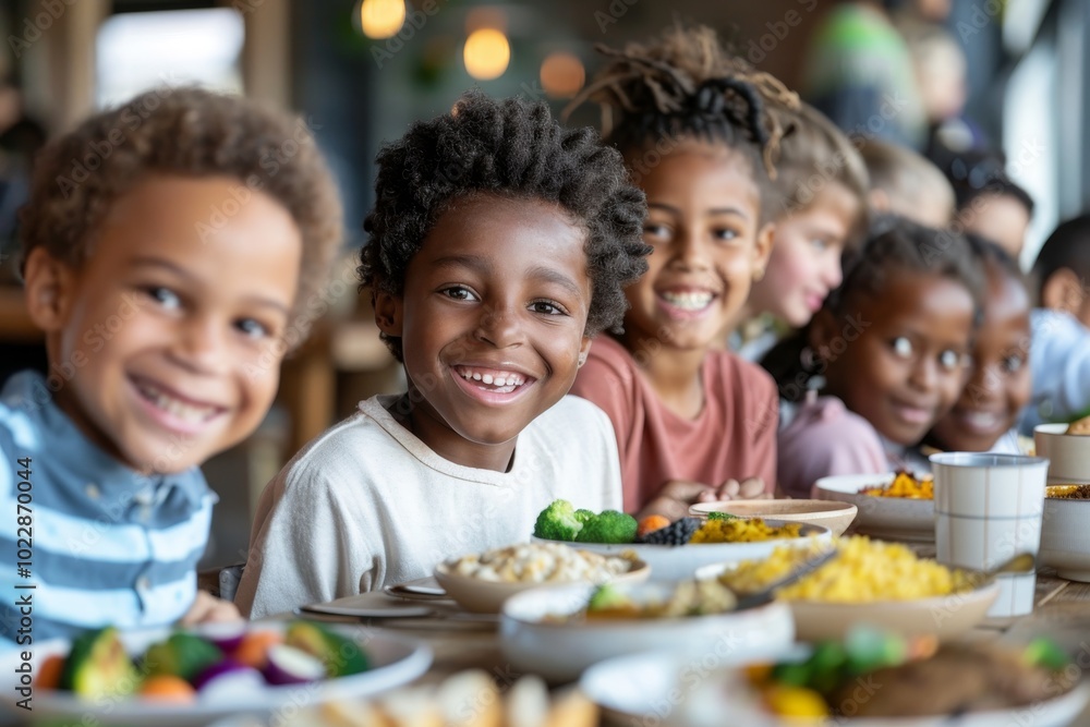A lively group of children are seated at a long dining table, smiling as they enjoy a variety of nutritious dishes during a joyous meal together. A lively group of children are seated at a long dining table, smiling as they enjoy a variety of nutritious dishes during a joyous meal together.