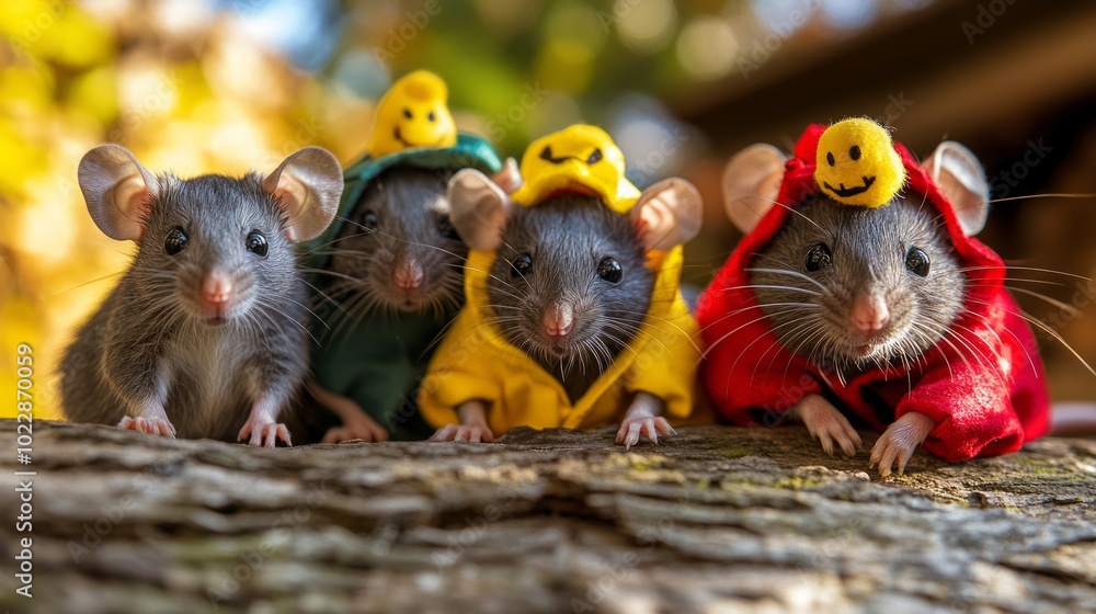 Group of four charming rats in colorful outfits, all wearing happy expressions, are perched together on a tree branch
