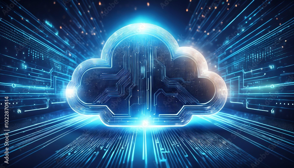 A digital cloud symbol glowing with blue lights and streaming data, representing cloud computing and technology. A digital cloud symbol glowing with blue lights and streaming data, representing cloud computing and technology.