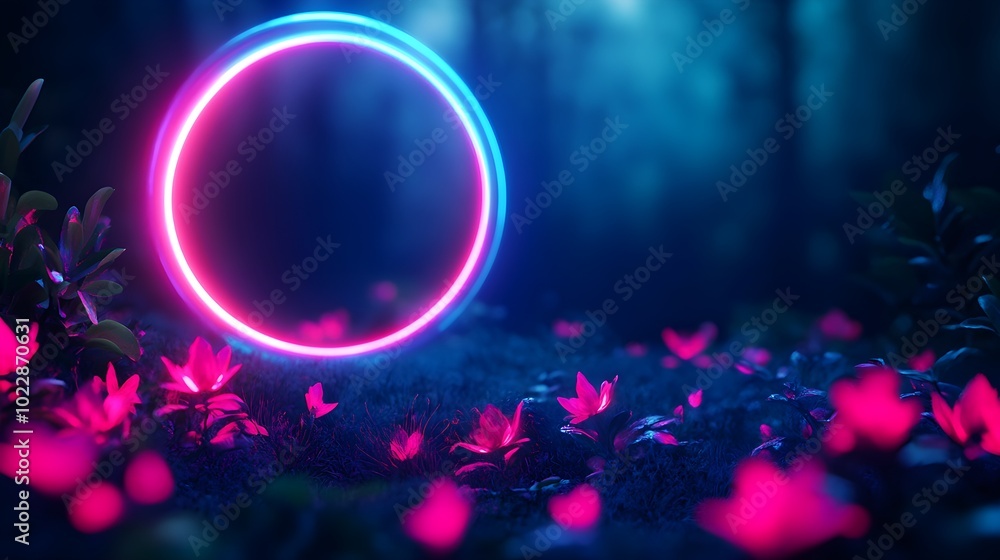 Enchanted mushroom ring glowing in the forest twilight, leading to a mysterious fairy portal, fantasy, neon blue and pink lights, 3D art, glowing haze Enchanted mushroom ring glowing in the forest twilight, leading to a mysterious fairy portal, fantasy, neon blue and pink lights, 3D art, glowing haze