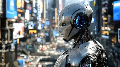 A futuristic robot stands in a bustling urban environment, reflecting advanced technology.