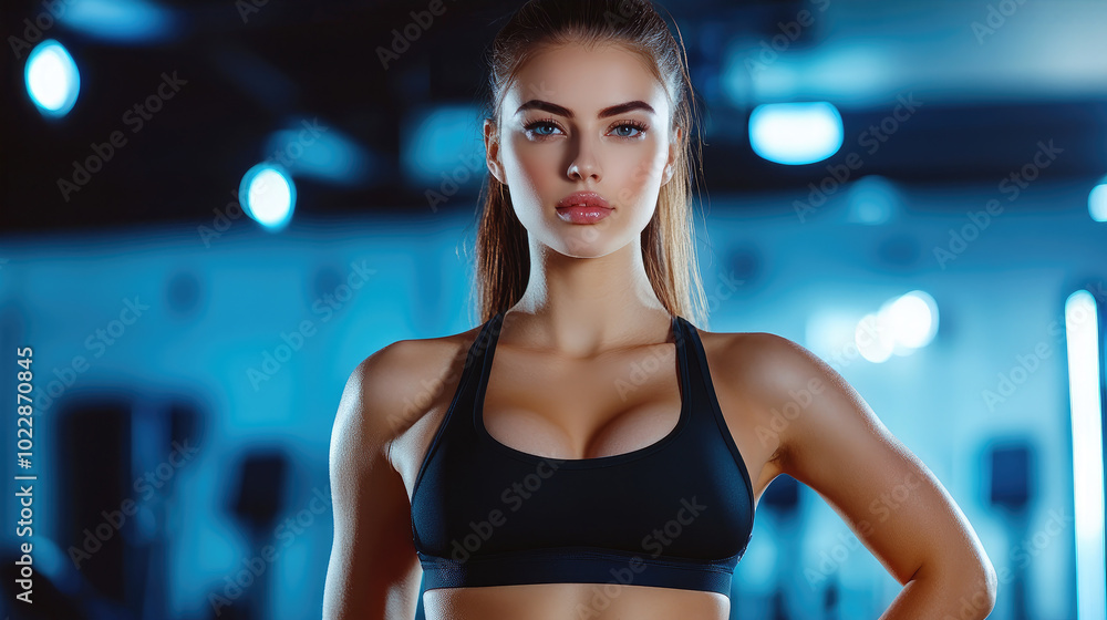Confident woman in black sportswear posing in a modern gym environment Confident woman in black sportswear posing in a modern gym environment