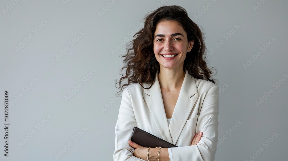 Happy and confident Turkey woman with a dark brown document case in her hand against White wall waiting in formal dress in office environment, Best Job Candidate Happy and confident Turkey woman with a dark brown document case in her hand against White wall waiting in formal dress in office environment, Best Job Candidate