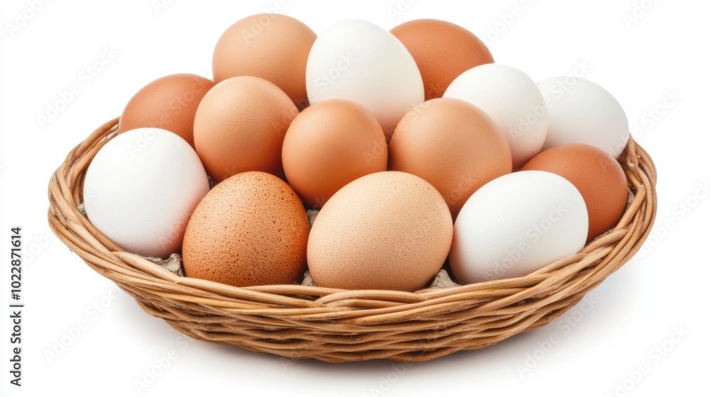 Basket filled with fresh eggs in various colors on a white background. Livestock, farm and agriculture. Basket filled with fresh eggs in various colors on a white background. Livestock, farm and agriculture.