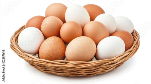 Wallpaper Mural Basket filled with fresh eggs in various colors on a white background. Livestock, farm and agriculture. Torontodigital.ca