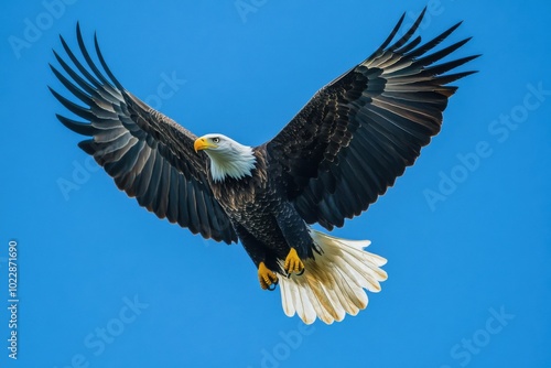 An eagle gliding effortlessly through a clear blue sky during a sunny day