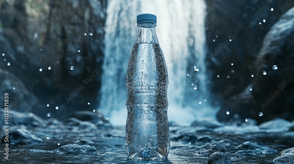 A clear water bottle stands in front of a cascading waterfall, surrounded by splashes and shining droplets, symbolizing purity and refreshment. A clear water bottle stands in front of a cascading waterfall, surrounded by splashes and shining droplets, symbolizing purity and refreshment.