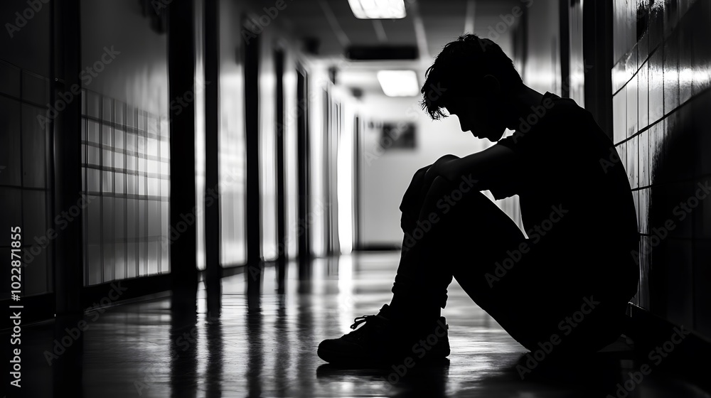 Silhouette of a depressed young man sitting in a school hallway, alone and sad Silhouette of a depressed young man sitting in a school hallway, alone and sad