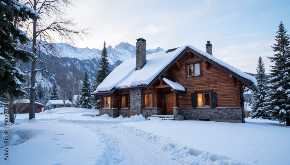 Cozy Wooden Cabin Covered in Snow During Winter Cozy Wooden Cabin Covered in Snow During Winter