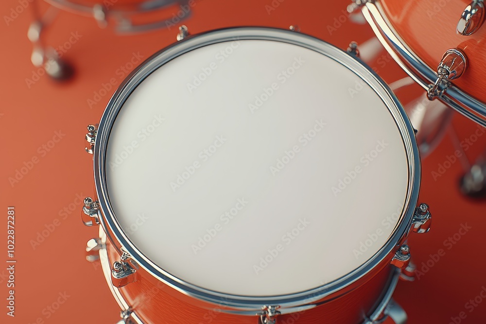 A close up of a drum set with a white drum in the center A close up of a drum set with a white drum in the center