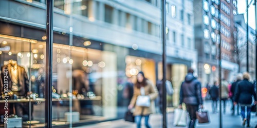 Detailed view of storefront window reflecting diverse shoppers in a busy shopping district






 photo