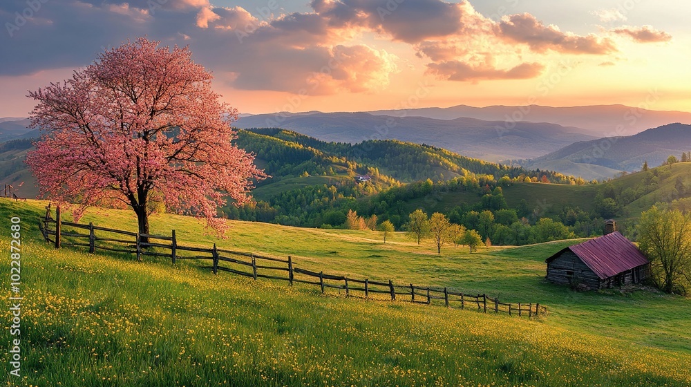 Fototapeta premium Tranquil Sunset Landscape with Blooming Tree