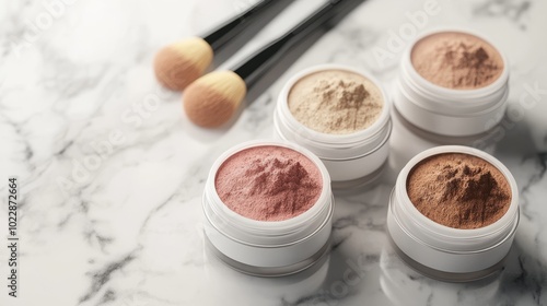 A close-up of four cosmetic powders in jars on a marble surface, accompanied by makeup brushes in the background. photo