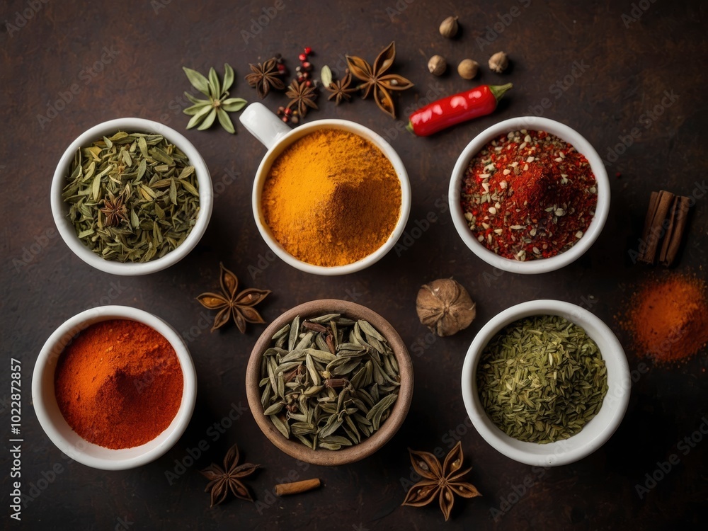 Different seasonings in cups or Spice background on the table. Spice cups arranged on textured table surface Different seasonings in cups or Spice background on the table. Spice cups arranged on textured table surface