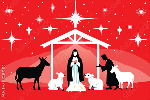 A classic nativity scene with the Holy Family, a donkey, and two lambs.  The scene is set against a red background with white stars.