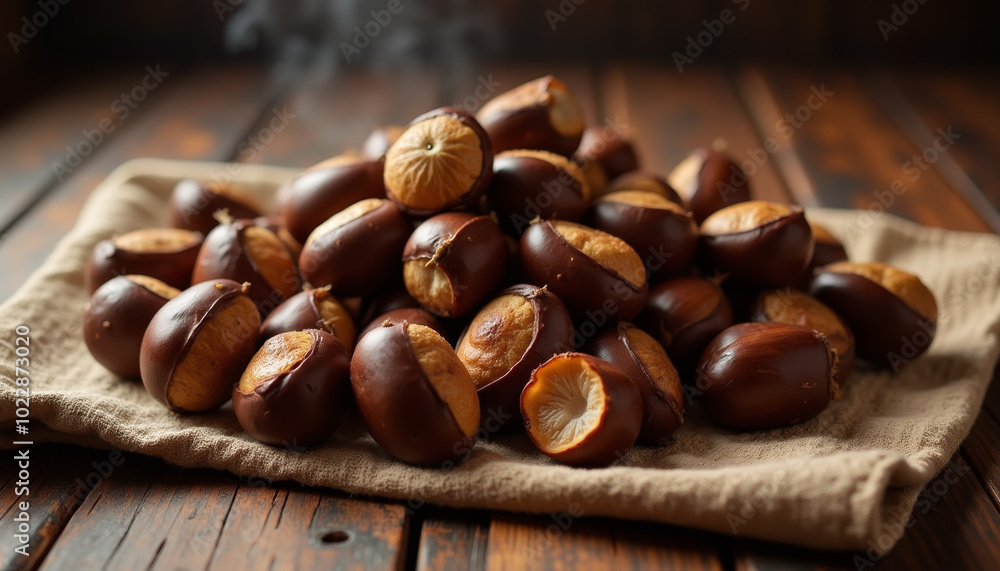 Pile of Roasted Chestnuts on Rustic Fabric Pile of Roasted Chestnuts on Rustic Fabric