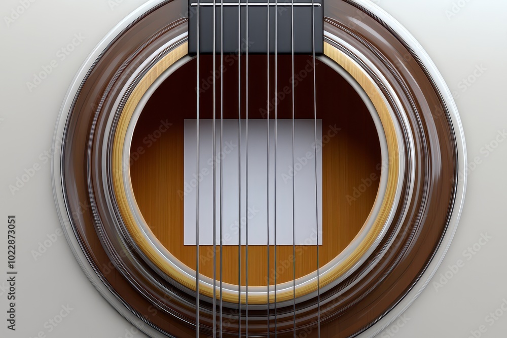 A white sign is hanging from a guitar string inside a wooden frame A white sign is hanging from a guitar string inside a wooden frame