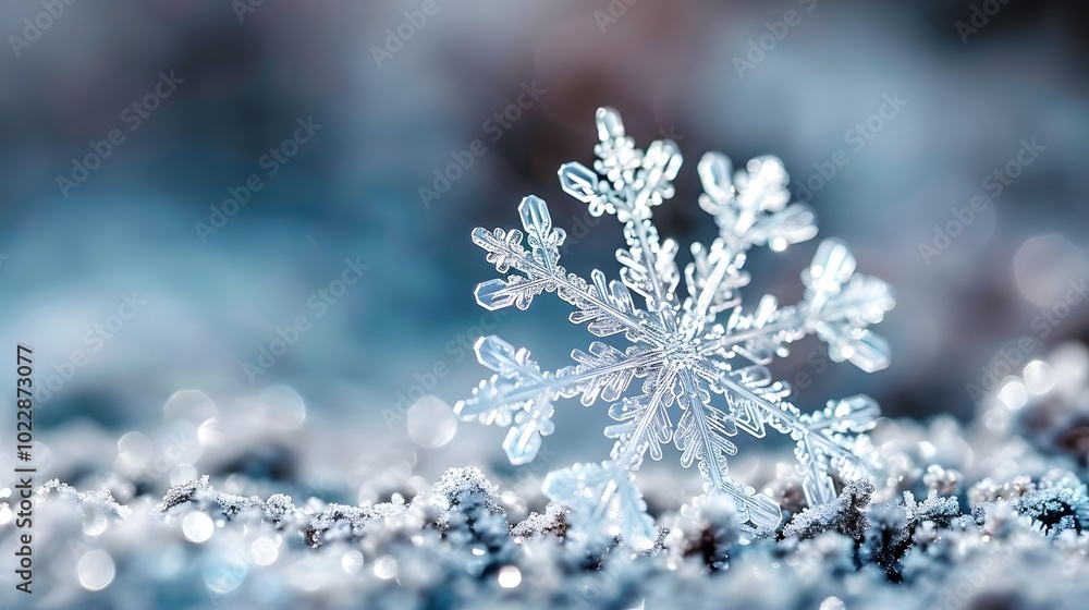 A close-up of a delicate snowflake resting on a frosty surface, showcasing winter beauty. A close-up of a delicate snowflake resting on a frosty surface, showcasing winter beauty.