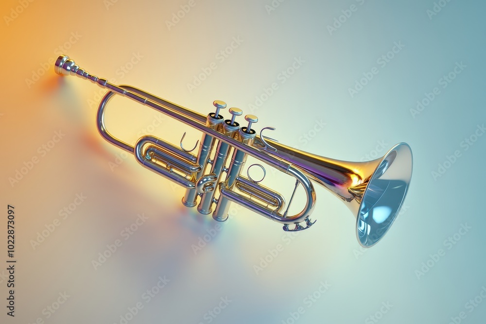 A shiny silver trumpet is suspended in midair A shiny silver trumpet is suspended in midair