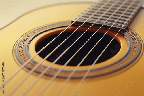 A close up of a guitar with a yellow body and black strings